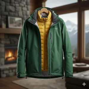 A versatile 3-in-1 jacket, showing the waterproof outer shell and insulated inner jacket that combine to create one of the best hiking jackets for cold weather.