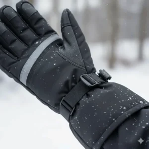 An adjustable wrist cuff sealing the gap on a waterproof cold weather glove to block snow and cold air.
