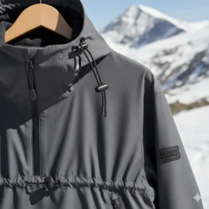 Detail view of an adjustable hood and hem drawstrings on a jacket, essential for sealing in warmth and blocking wind during cold weather hiking.