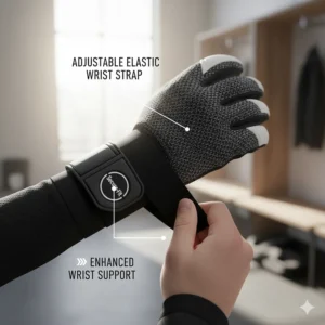 Illustration of the adjustable elastic wrist strap that provides secure, comfortable support when wearing soccer gloves in cold weather.