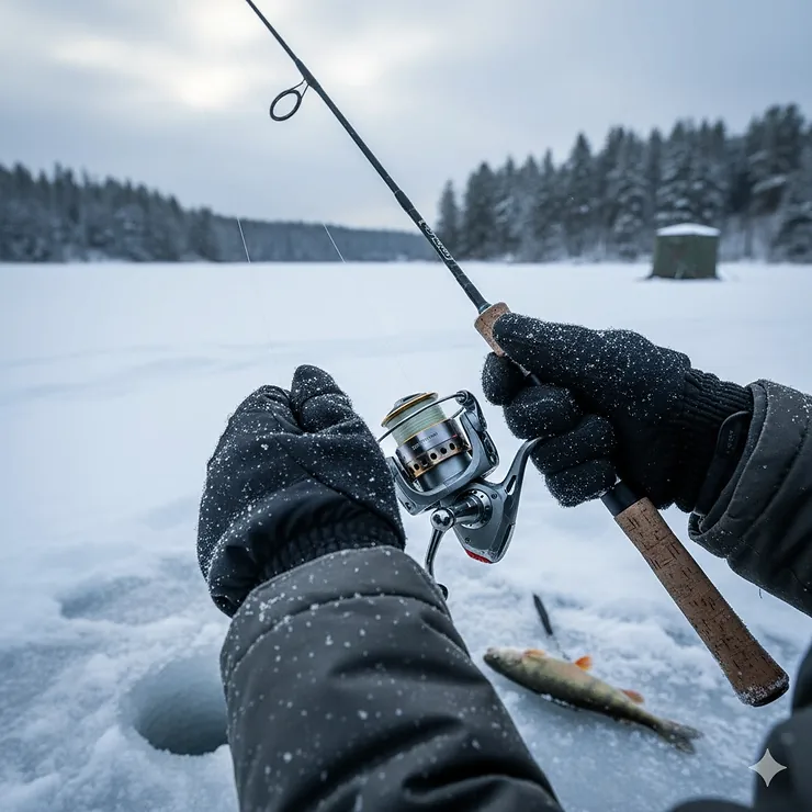 A close-up shot of the best cold weather fishing gloves in use, with a fisherman holding a rod on a snowy lake.