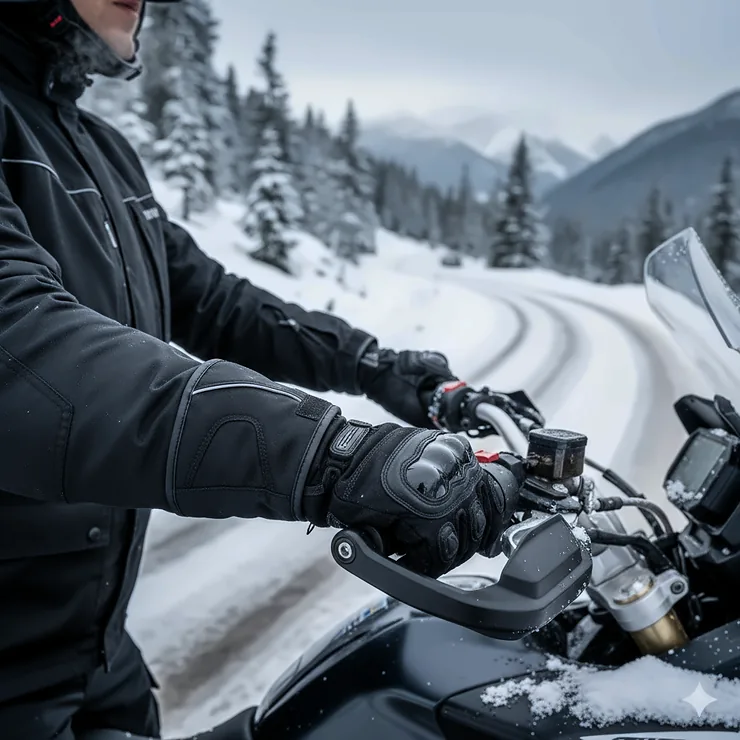 Warm, insulated cold weather motorcycle gloves on a rider's hands on a snowy road.