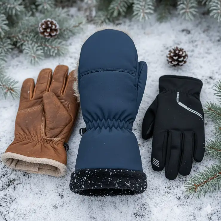 Close-up of three different types of best gloves for cold weather—a thick insulated mitten, a leather work glove, and a running glove—on a snowy background.