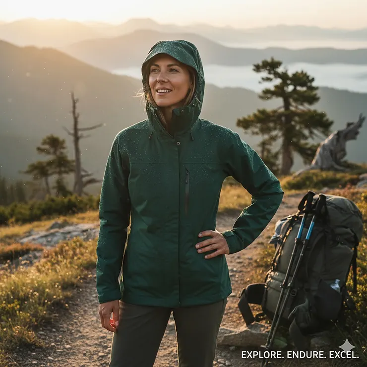 A hiker wearing the best hiking jacket model with a waterproof hood and breathable fabric, standing on a mountain trail.