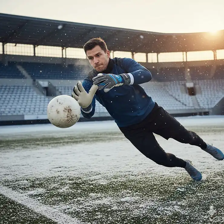 A professional goalkeeper makes a save while wearing thermal soccer gloves designed specifically for optimal grip and warmth in cold weather conditions.