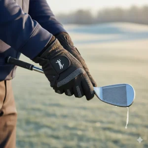 Close-up shot of hands wearing specialized winter golf gloves for maintaining grip and warmth in the cold.