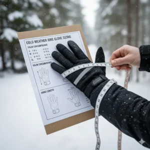 Sizing guide and diagram showing how to measure your hand for the correct fit of cold weather bike gloves.