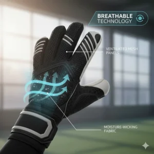 Graphic demonstrating the breathable mesh panels that prevent overheating and maintain hand comfort inside thermal soccer gloves.