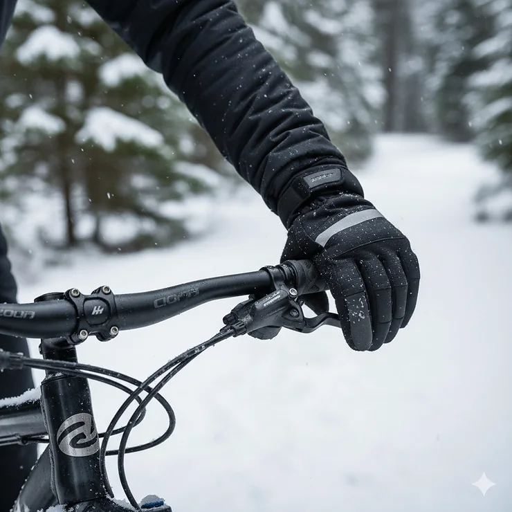Warm, insulated cold weather bike gloves shown on a cyclist gripping handlebars in winter.