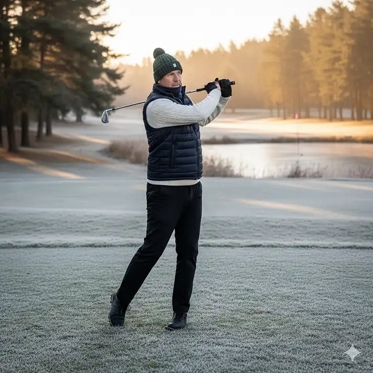 A golfer wearing cold weather golf attire, including a thermal base layer, a quilted vest, and a warm hat, swinging on a frosty morning course.