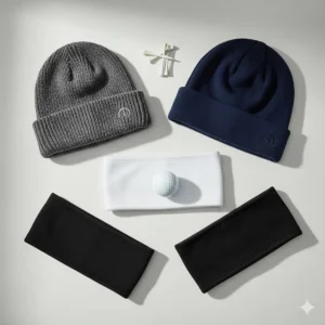 Assortment of moisture-wicking golf beanies and headbands, crucial cold weather golf gear for heat retention.