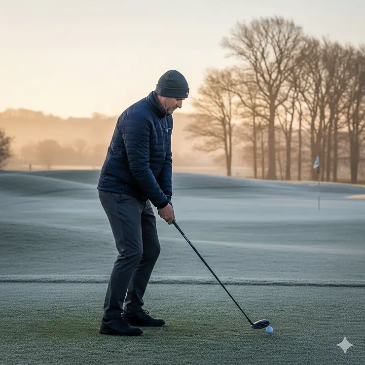 A golfer wearing appropriate cold weather golf gear, including a thermal jacket and beanie, preparing to hit a shot on a frosty morning.