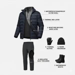 Infographic or diagram demonstrating the ideal layering strategy using cold weather golf gear for optimal warmth and comfort.