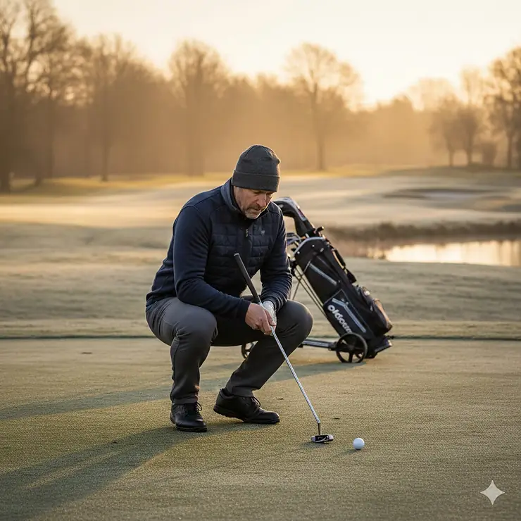 A golfer wearing dark, cold weather golf pants and a performance jacket lines up a putt on a frosty morning course, highlighting the garment's fit and insulation.