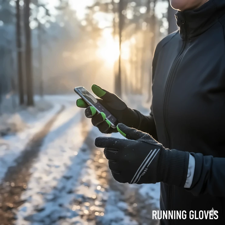 Warm, reflective running gloves for cold weather with touchscreen fingers, worn by a runner outdoors.
