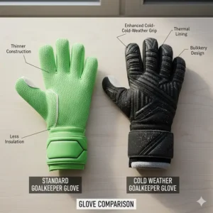 Side-by-side comparison of standard goalkeeper gloves and specialized, thick soccer gloves designed specifically for playing in cold weather.