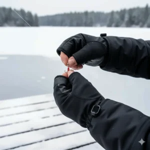 Fisherman wearing convertible fishing mitts, with the finger caps folded back for baiting a hook in freezing temperatures.