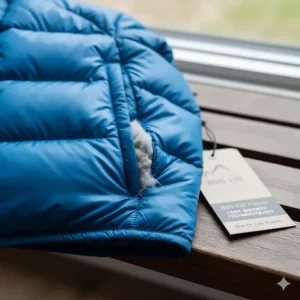 Close-up of a lightweight, highly compressible down puffer jacket, a top choice among the best hiking jackets for cold weather insulation.
