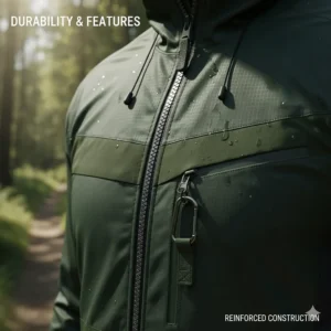 Detail view of durable zippers and strategically placed pockets, essential practical features of a high-quality hiking jacket.