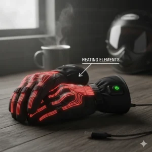 A pair of electric heated motorcycle gloves with visible wires showing the warming elements.