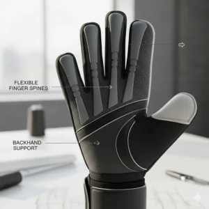 Cutaway view illustrating the flexible finger spines and backhand support for enhanced protection and stability in cold weather soccer gloves.