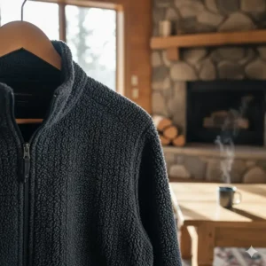 A cozy, breathable fleece jacket serving as an effective mid-layer for warmth under the outer shell of a cold-weather hiking system.