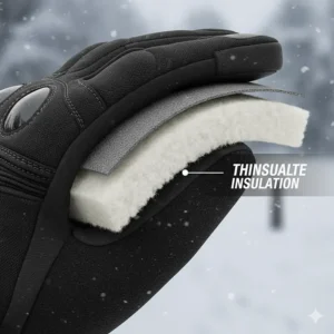 Cutaway view illustrating the thick Thinsulate insulation layers in cold weather motorcycle gloves.