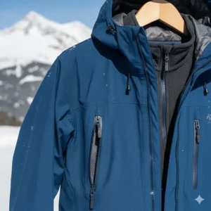 A durable hardshell jacket featuring pit zips for ventilation, a crucial feature in the best hiking jackets for cold weather layering systems.