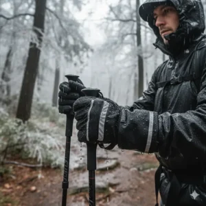 Hiker using durable and fully waterproof gloves to stay comfortable during a freezing rain hike.
