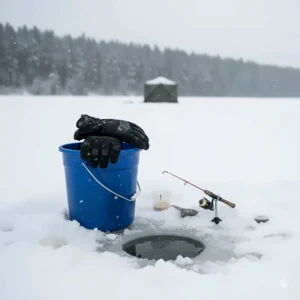 A pair of durable, warm cold weather fishing gloves resting on an ice fishing bucket next to a hole in the ice.