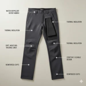Image detailing the features of insulated golf trousers, emphasizing water resistance and warmth for the lower body.
