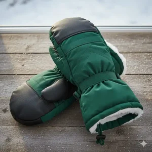 Pair of bulky, insulated winter mittens for extreme cold weather, showing the waterproof shell and long gauntlet cuff.