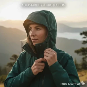 Adjustable hood, cuffs, and hem detail on a hiking jacket to seal out wind and rain.