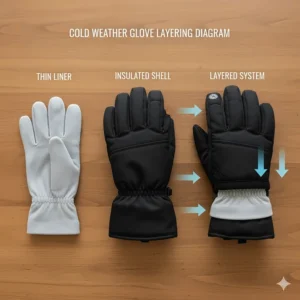 Diagram illustrating how to layer a thin glove liner underneath an outer shell glove for maximum cold weather protection.
