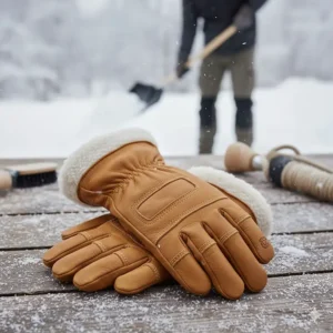 Durable leather work gloves with fleece lining, providing robust protection and the best grip for outdoor winter tasks.