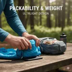 An ultralight packable hiking jacket rolled up small for easy storage in a backpack.