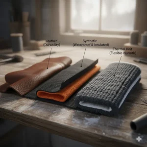 Comparing common materials for cold weather work gloves like leather, insulated synthetic fabrics, and thermal knit liners.