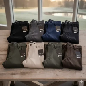 A selection of available color options for the men's cold weather golf pants, including black, navy, and charcoal gray.