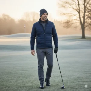A model showcasing a thermal golf jacket designed for flexibility and insulation during cold rounds.