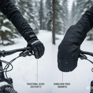 Comparison illustrating the difference in warmth and dexterity between traditional cold weather bike gloves and handlebar mittens.