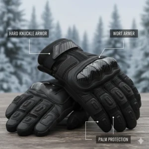 Heavy-duty cold weather gloves highlighting the hard knuckle armor and palm protection for safety.