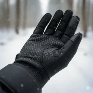 Detailed view of the durable, textured palm grip on cold weather cycling gloves for improved handlebar control.