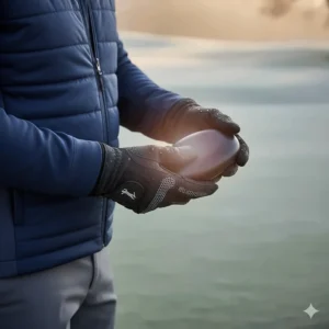 Photo of a golfer using a rechargeable electronic hand warmer, an essential accessory for keeping hands warm between shots.