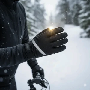 Cold weather bike gloves with high-visibility reflective strips for enhanced low-light safety.