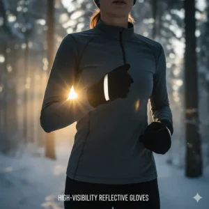 Runner jogging at dawn, highlighting the reflective strips on the running gloves for high visibility.