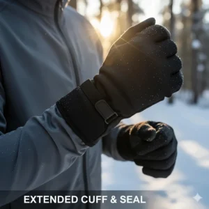 A snug fit shown, emphasizing the extended cuff design of the gloves to seal out cold and wind.