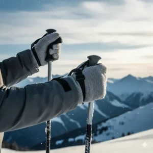 An individual wearing ski glove liners underneath waterproof gloves while holding ski poles on a snowy mountain slope.