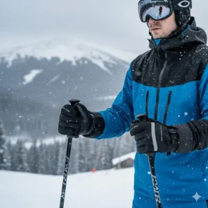 Skier wearing high-performance waterproof cold weather gloves on a snowy mountain slope.