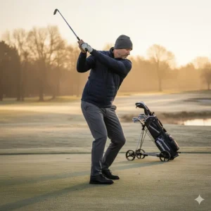 A golfer completing a full swing, demonstrating the four-way stretch and flexibility of the cold weather golf pants for unrestricted movement.