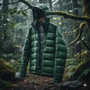 A synthetic insulated jacket maintaining its loft even when wet, ideal for humid or rainy cold weather hiking where down might fail.